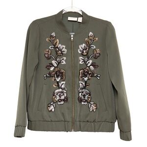 Chicos Plus Size 0 (XL) Embroidered Bomber Jacket NWOT Full Zip Dark Green